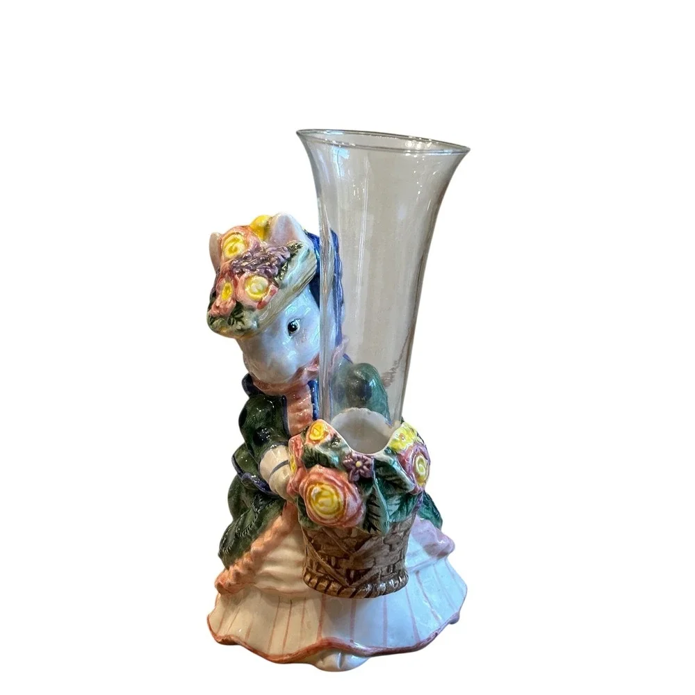 Fitz and Floyd Ceramic Bunny Girl Vase with‎ Glass Insert 1995 Cottagecore